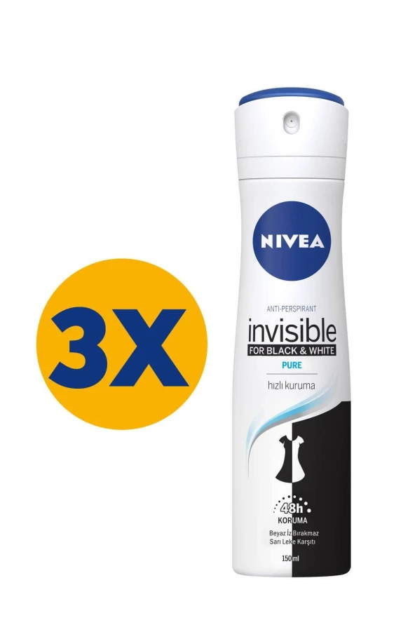 Kadın Sprey Deodorant Black&white Invisible Pure 48 Saat Anti-perspirant Koruma 150ml x 3 Adet