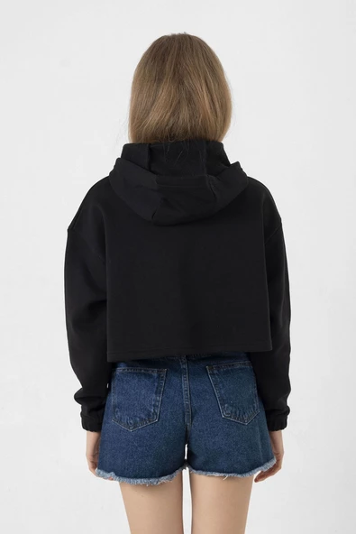 Blackpink Jennie Signature Siyah Kadın Crop Kapşonlu - Resim 4