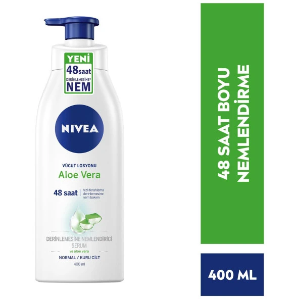 Nivea Aloe Vera Vücut Losyonu 400ml Pomp Normal / Kuru Ciltler için, Derinlemesine Nemlendirici Serum ve Aloe vera ile 48 Saat Vücut Nemlendirme