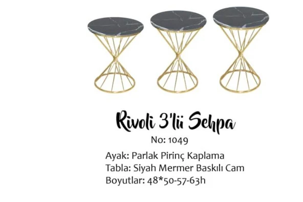 Brc Zigon 13413 Rivoli Model Sehpa  Düz Siyah Metal parlak Gold Ayak El Yapım
