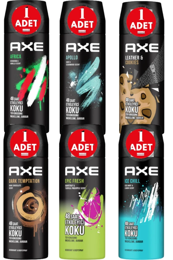 Erkek Deodorant Sprey 150 Ml Ice Chill+Apollo+Africa+Dark Temptation+Epic Fresh+Leather&Cookies