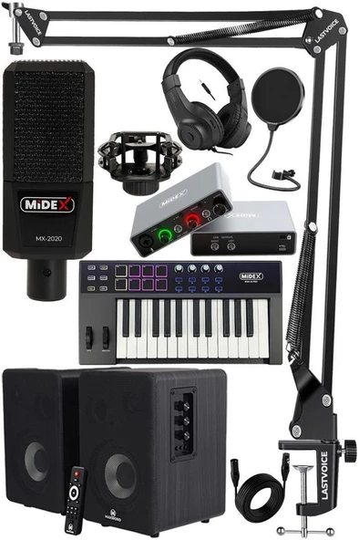 Midex İmpressive Paket-3 Stüdyo Ekipmanları Seti (Monitör Mikrofon Ses Kartı Kulaklık Midi Klavye) ürün görseli 1