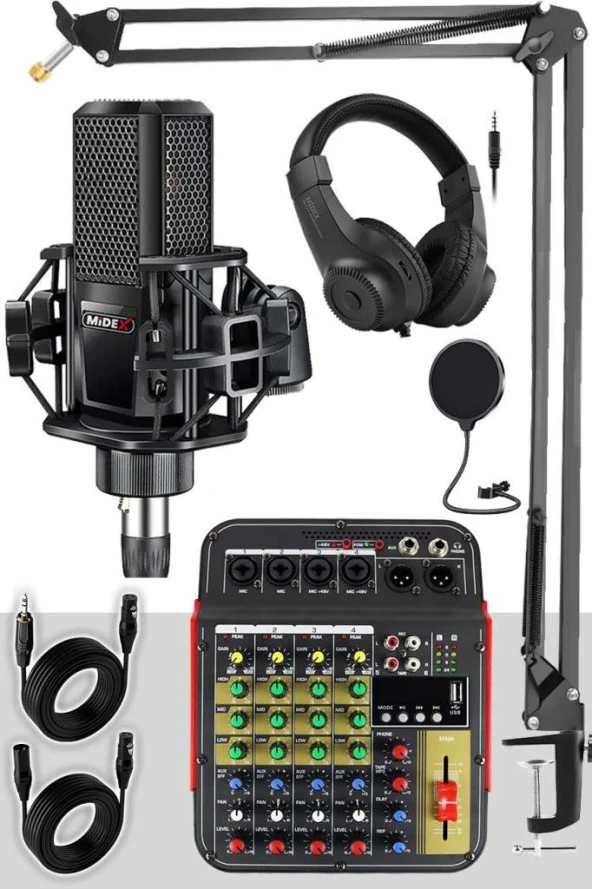 Lastvoice Rec Paket-3 Stüdyo Kayıt Paketi MX-2020 Mikrofon Phantomlu Mikser Kulaklık Stand Filtre