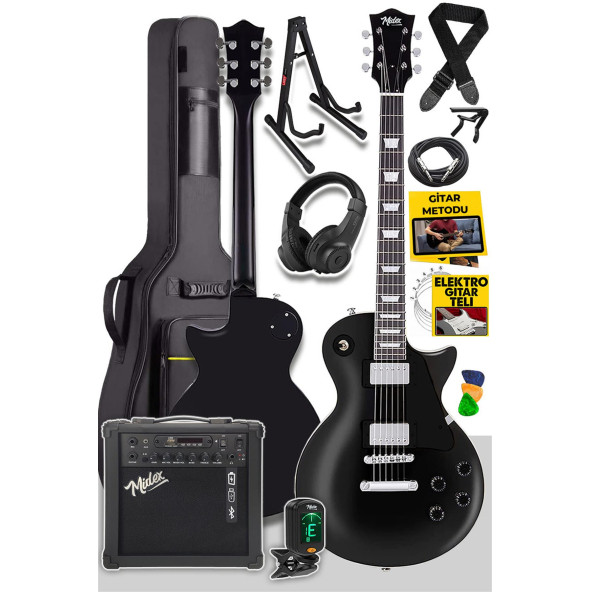 Midex GRX-200BK-25-AMP Les Paul Kasa Elektro Gitar Seti 25 Watt Gainli Şarjlı Amfi ve Full Set (H-H)