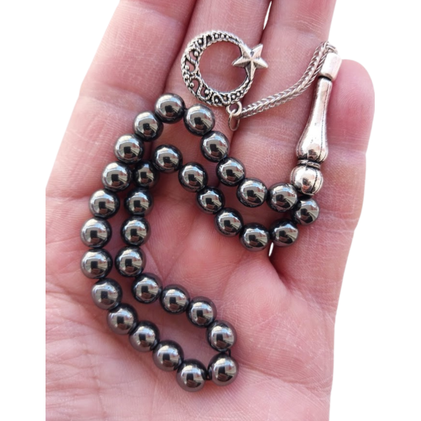 Dogal Taş Hematit Tesbih,33 Taneli Metal ayyıldız püsküllü tespih - 2