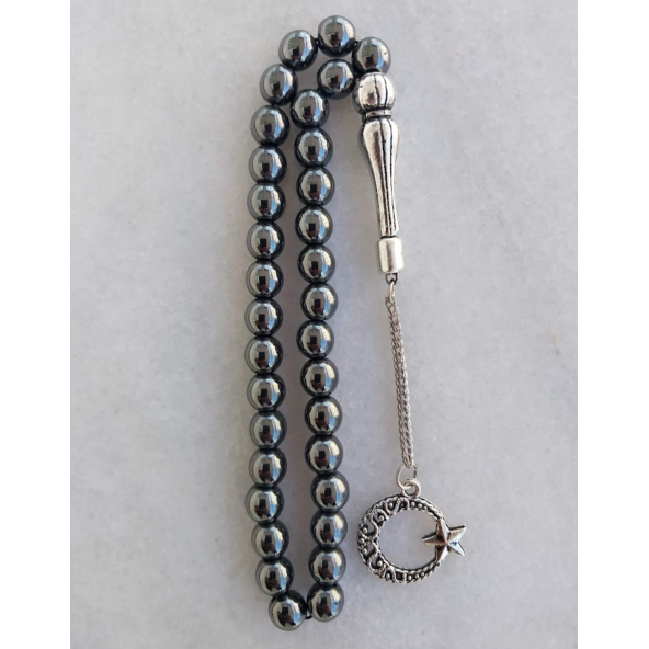 Dogal Taş Hematit Tesbih,33 Taneli Metal ayyıldız püsküllü tespih - 3