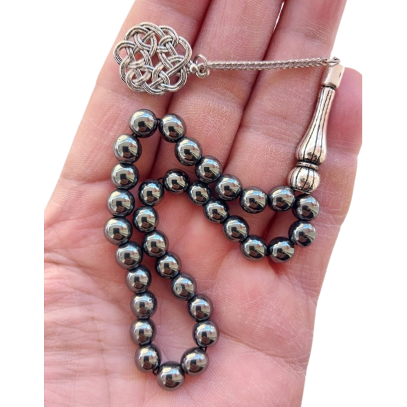 Dogal Taş Hematit Tesbih,metal kazaz desen püsküllü Tespih - 2