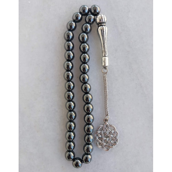 Dogal Taş Hematit Tesbih,metal kazaz desen püsküllü Tespih - 3