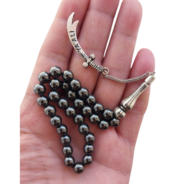 Dogal Taş Hematit Tesbih,Metal Zülfikar Kılıç püsküllü tespih - 2