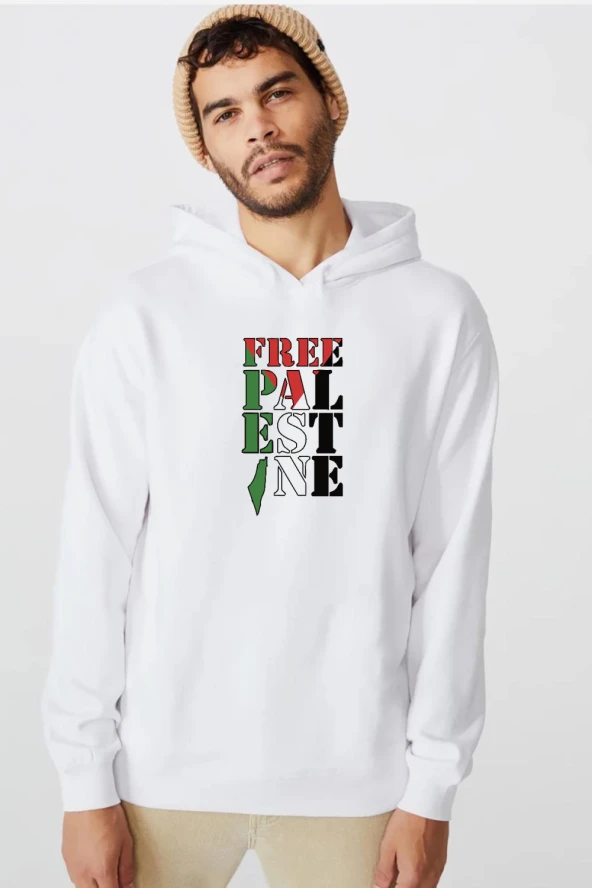 Free Palestine Beyaz Erkek 3ip Kapşonlu  Sweatshirt