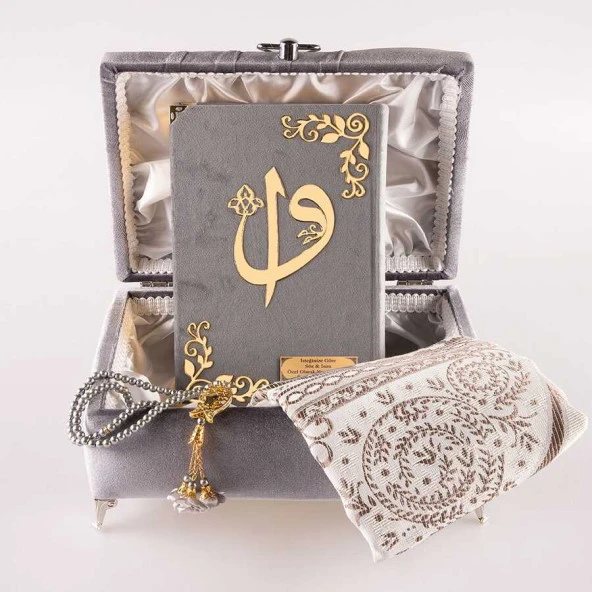 Çizgili Kutu Çeyizlik, Seccade + Tesbih + Kuran Hediye Seti (Çanta Boy, Kadife, Gri, Elif-Vav) - Resim 2