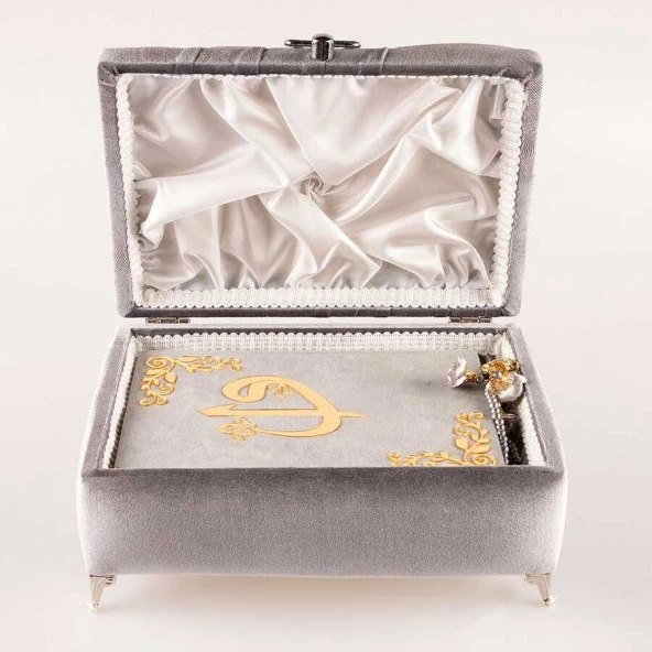 Çizgili Kutu Çeyizlik, Seccade + Tesbih + Kuran Hediye Seti (Çanta Boy, Kadife, Gri, Elif-Vav) - Resim 3