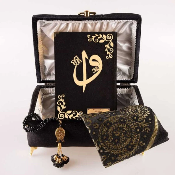 Çizgili Kutu Çeyizlik, Seccade + Tesbih + Kuran Hediye Seti (Çanta Boy, Kadife, Siyah, Elif-Vav) - 2