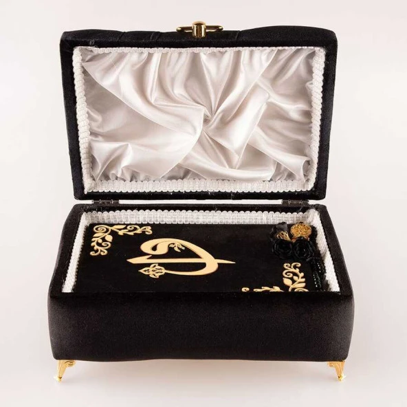 Çizgili Kutu Çeyizlik, Seccade + Tesbih + Kuran Hediye Seti (Çanta Boy, Kadife, Siyah, Elif-Vav) - 3