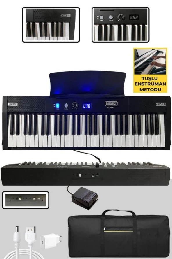 Midex PS-4000BK Taşınabilir Piyano Tuş Hassasiyetli 61 Tuşlu Bluetooth USB MP3 Midi (Sustain Pedalı Çanta METOD)