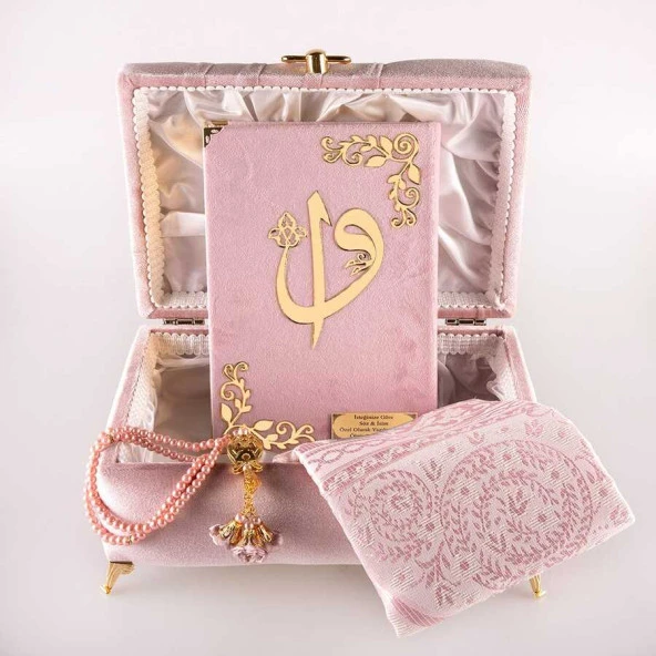 Çizgili Kutu Çeyizlik, Seccade + Tesbih + Kuran Hediye Seti (Çanta Boy, Kadife, P.Pembe, Elif-Vav) - 2