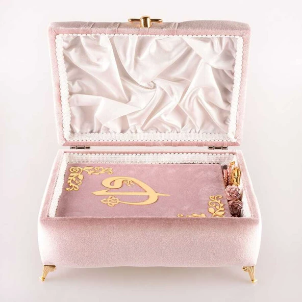 Çizgili Kutu Çeyizlik, Seccade + Tesbih + Kuran Hediye Seti (Çanta Boy, Kadife, P.Pembe, Elif-Vav) - 3