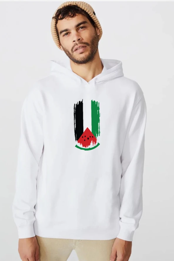 Watermelon Palestine Flag Beyaz Erkek 3ip Kapşonlu  Sweatshirt