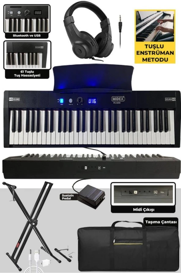 Midex PS4000BK-SET Tuş Hassasiyetli 61 Tuşlu Org Bluetooth USB Midi (Sustain Pedalı Çanta Kulaklık Stand METOD)