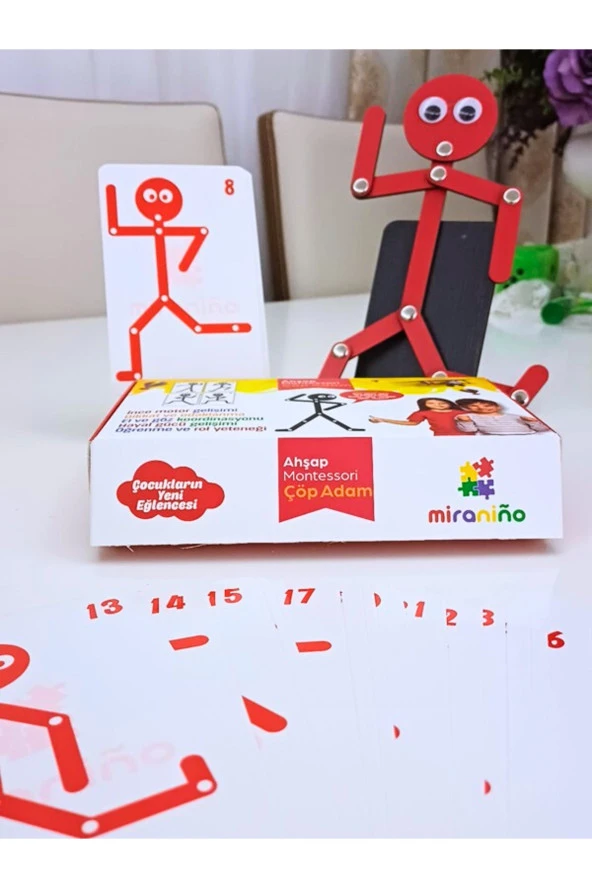 100. Yıla Özel Kırmızı Ahşap Eğitici Oyuncak Montessori Çöp Adam Siyah 30'lu Görev Kartı