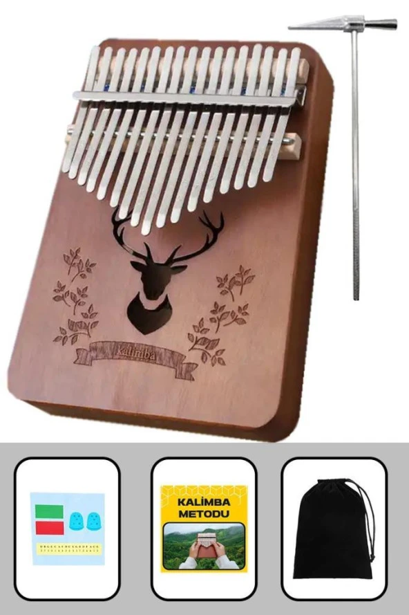 Midex KLX-880 Hakiki Ağaç Kalimba Geyik Desenli Ahşap Full Set 17 Çelik Tuşlu