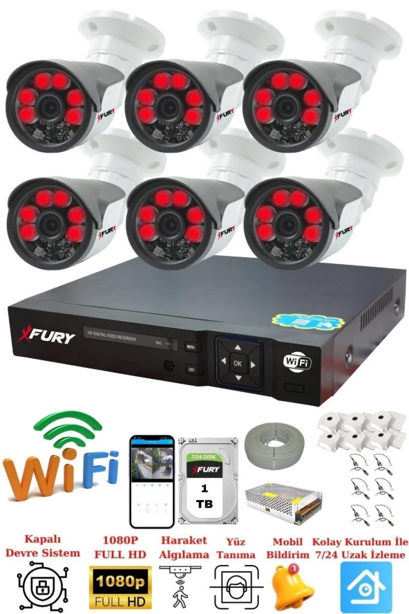 FURY 6 Kameralı 5mp Lensli 1080p 2mp Görüntü 6 Atom Gece Görüşlü Fullhd Güvenlik Kamerası Sistemi 1TB