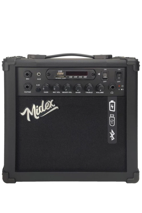 Midex MGA-25BK Elektro Gitar Amfisi 25 Watt USB Bluetooth Şarjlı 2 girişli