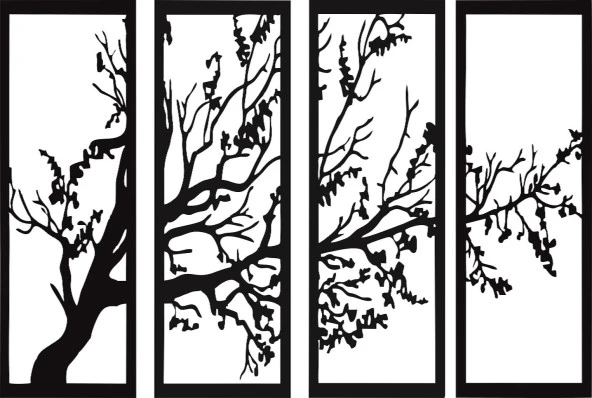 Dekoratif Son Bahar Siyah 4'lü Hayat Ağacı Ahşap Tablo