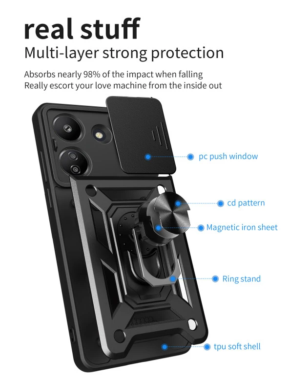 KNY Xiaomi Redmi Note 13 Pro 5G Kılıf Ultra Korumalı Yüzüklü Manyetik Sürgülü Vega Kapak Siyah - 2