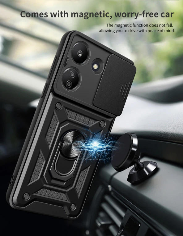 KNY Xiaomi Redmi Note 13 Pro 5G Kılıf Ultra Korumalı Yüzüklü Manyetik Sürgülü Vega Kapak Siyah - 5