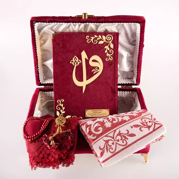 Çizgili Kutu Çeyizlik, Şal + Seccade + Tesbih + Kuran Hediye Seti (Orta B. Kadife, Bordo, Elif-Vav) - Resim 3