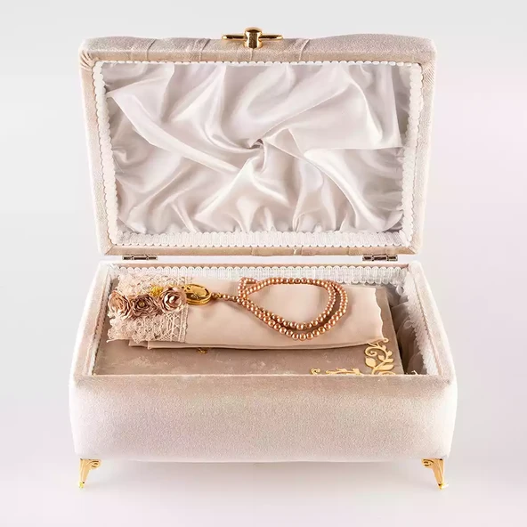 Çizgili Kutu Çeyizlik, Şal + Seccade + Tesbih + Kuran Hediye Seti (Orta B. Kadife, Vizon, Elif-Vav) - Resim 4