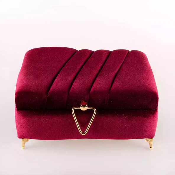 Çizgili Kutu Çeyizlik, Şal + Seccade + Tesbih + Kuran Hediye Seti (Orta B. Kadife, Bordo, Elif-Vav) - Resim 2