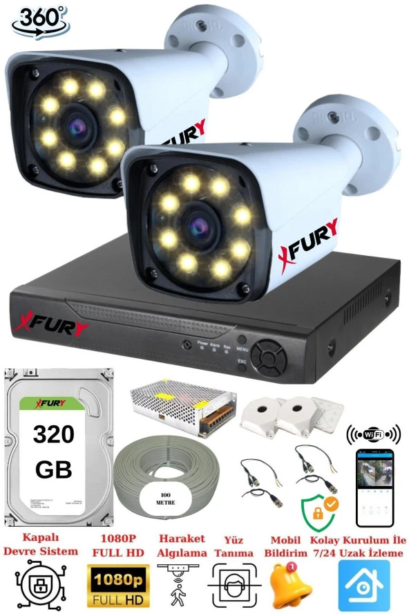 FURY 2 Kameralı 5mp Lens 1080p 2mp Color Görüntü 8 Warm Led Gece Görüş FullHd Güvenlik Kamera Sistemi 320