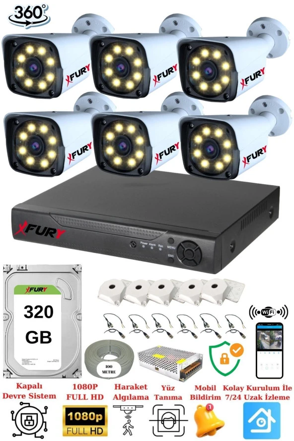 FURY 6 Kameralı 5mp Lens 1080p 2mp Color Görüntü 8 Warm Led Gece Görüş FullHd Güvenlik Kamera Sistemi 320 ürün görseli