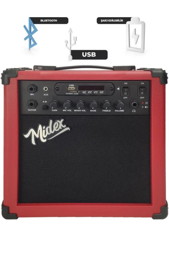 Midex MGA-25RD Elektro Gitar Amfisi 25 Watt USB Bluetooth Şarjlı 2 girişli - 2