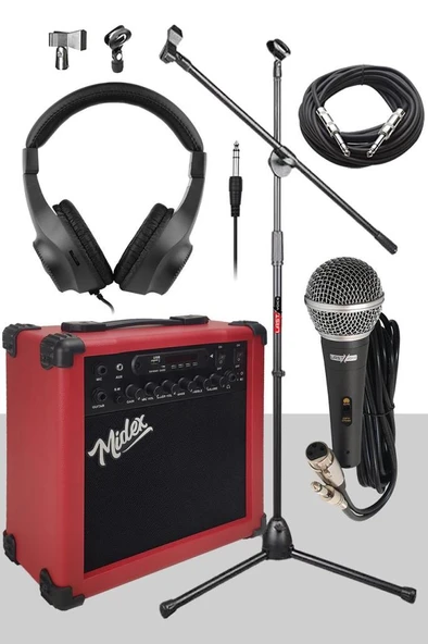 Midex MGA-25RD-PAK Elektro Gitar Amfisi 25 Watt USB Bluetooth ve Şarjlı (Amfi Mikrofon Stand Kulaklık Jack Kablo) - Resim 4