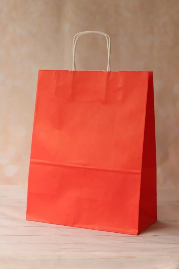 Büküm Saplı Kraft Kağıt Çanta Karton Hediyelik Poşet Torba - Kırmızı - 31x41 Cm. - 25 Adetlik Paket - 4