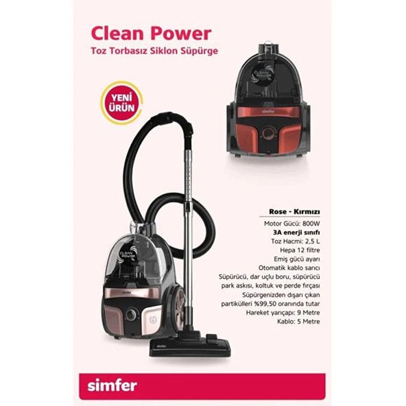 SİMFER SK-6302 TOZ TORBASIZ SÜPÜRGE CLEAN POWER