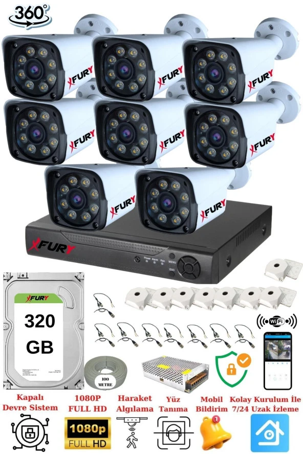FURY 8 Kameralı 5mp Lens 1080p 2mp Color Görüntü 8 Warm Led Gece Görüş FullHd Güvenlik Kamera Sistemi 320 - 2