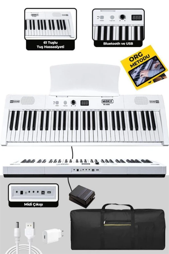Midex PS4000WH Tuş Hassasiyetli 61 Tuşlu Org Bluetooth USB Midi METOD (Sustain Pedalı Çanta) - 3