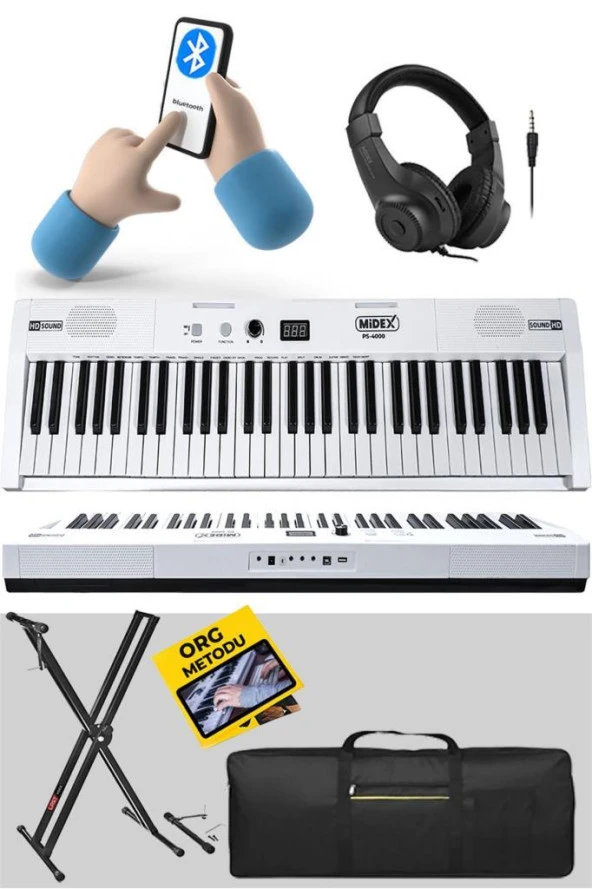 Midex PS4000WH-SET Tuş Hassasiyetli 61 Tuşlu Org Bluetooth USB Midi (Sustain Pedalı Çanta Kulaklık Stand METOD) - 2