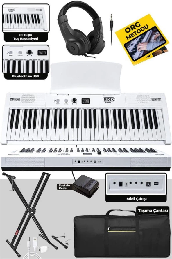 Midex PS4000WH-SET Tuş Hassasiyetli 61 Tuşlu Org Bluetooth USB Midi (Sustain Pedalı Çanta Kulaklık Stand METOD) - 3