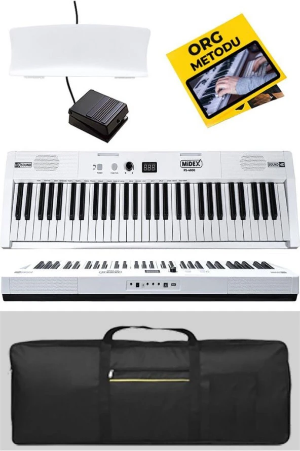 Midex PS4000WH-SET Tuş Hassasiyetli 61 Tuşlu Org Bluetooth USB Midi (Sustain Pedalı Çanta Kulaklık Stand METOD) - 4