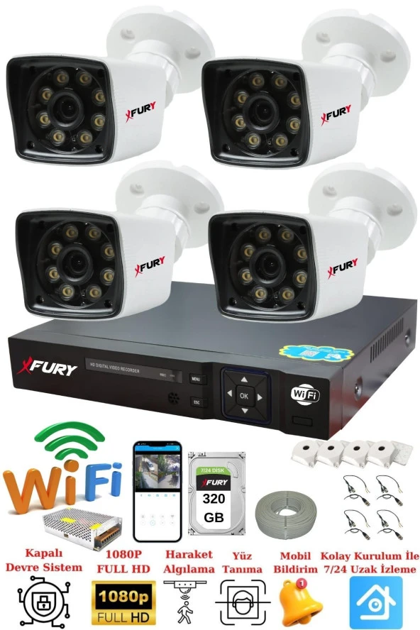 FURY 4 Kamera 5mp Lens 1080p 2mp Color Görüntü 8 Warm Led Gece Görüş FullHd Güvenlik Kamera Sistemi 5525W 320GB - 2