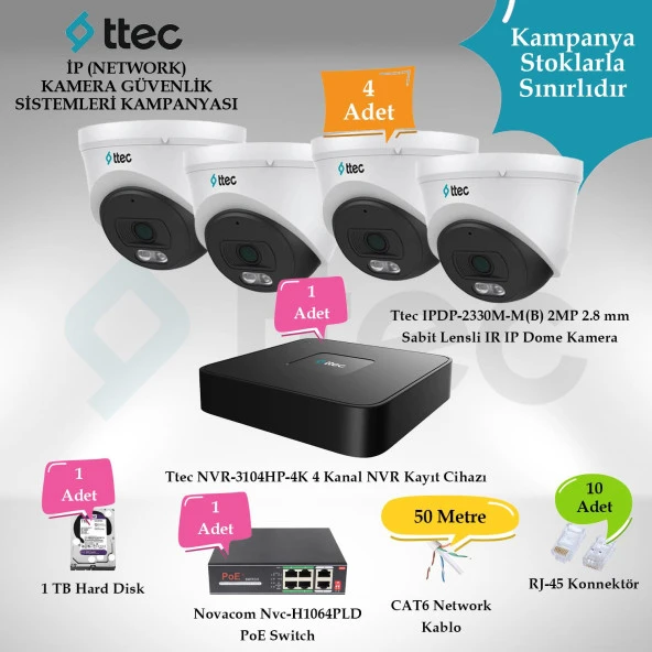 Ttec İP (Network) 4 Adet Dome 2 MP Güvenlik Kamera Seti