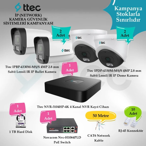 Ttec İP (Network) 4 Adet 4 MP Güvenlik Kamera Seti
