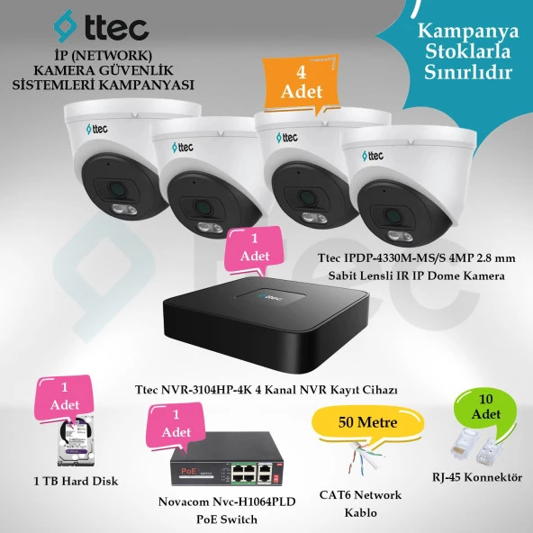 Ttec İP (Network) 4 Adet Dome 4 MP Güvenlik Kamera Seti