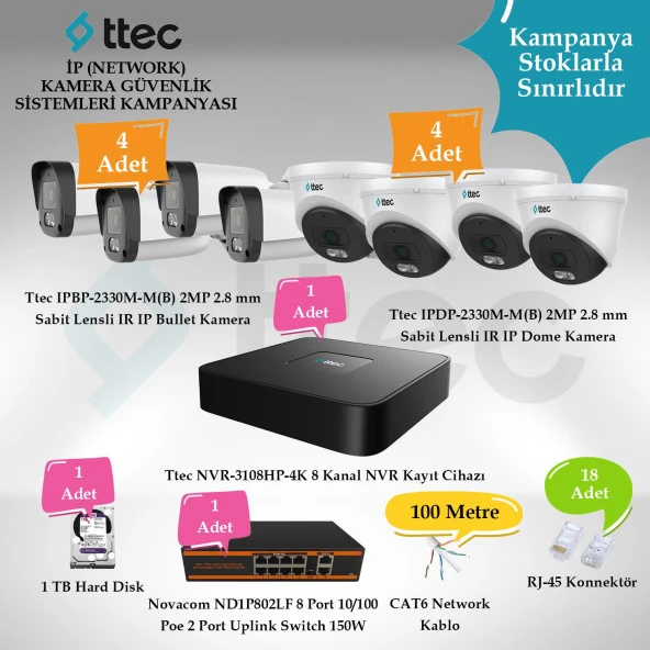 Ttec İP (Network) 8 Adet 2 MP Güvenlik Kamera Seti