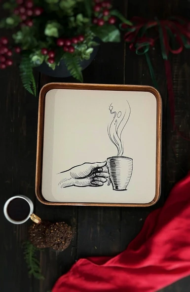 Bambu Görünümlü Kenar Kahve Temalı Servis Sunum Metal Kare Tepsi - 4